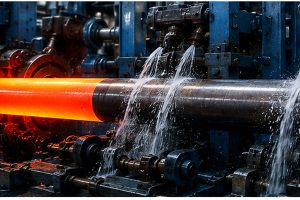 Stretch Reducing Mill prosesinde sıralı kalıplardan geçen sıcak çelik boru